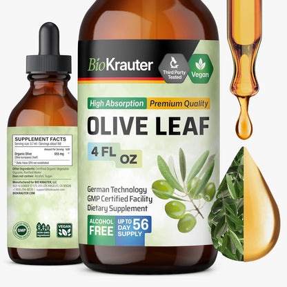 Bio Krauter Olive Leaf Extract Liquid 120ml bottle front view showing the yellow banner label.