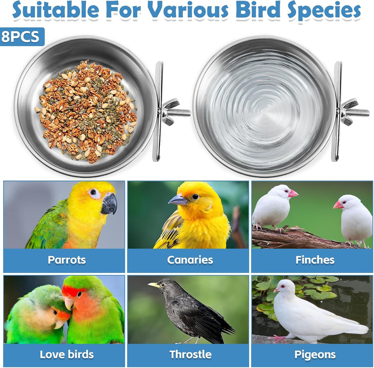 kathson 8 Pack Bird Feeding Dish Cups, Stainless Steel Parrot Feeders Water Cage Bowls with Clamp Holder Bird Feeders for Parakeet Cockatiels Conure Budgies Lovebird Finch and Small Animals - Image 6