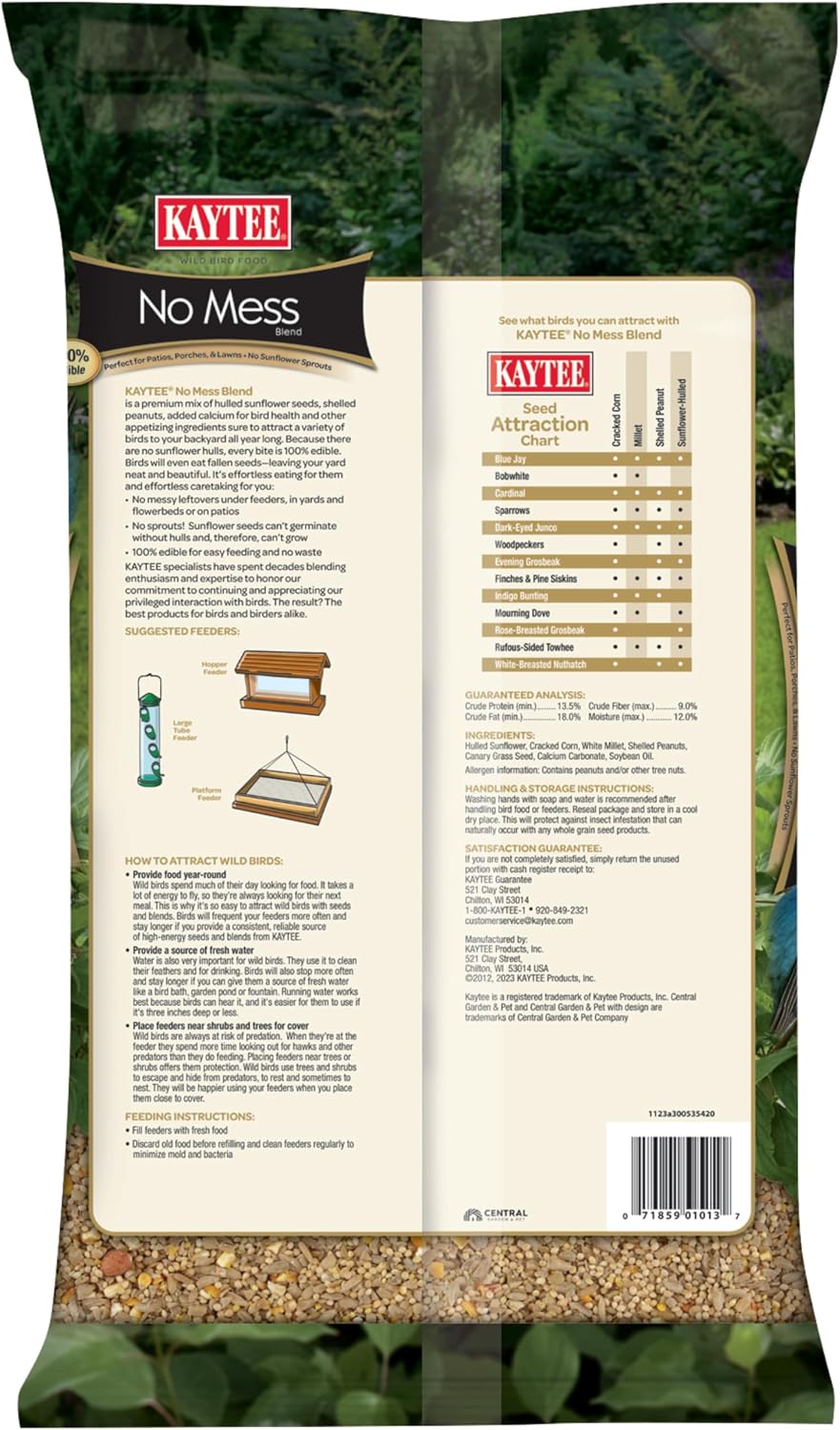 Back of Kaytee wild bird food bag with nutritional information