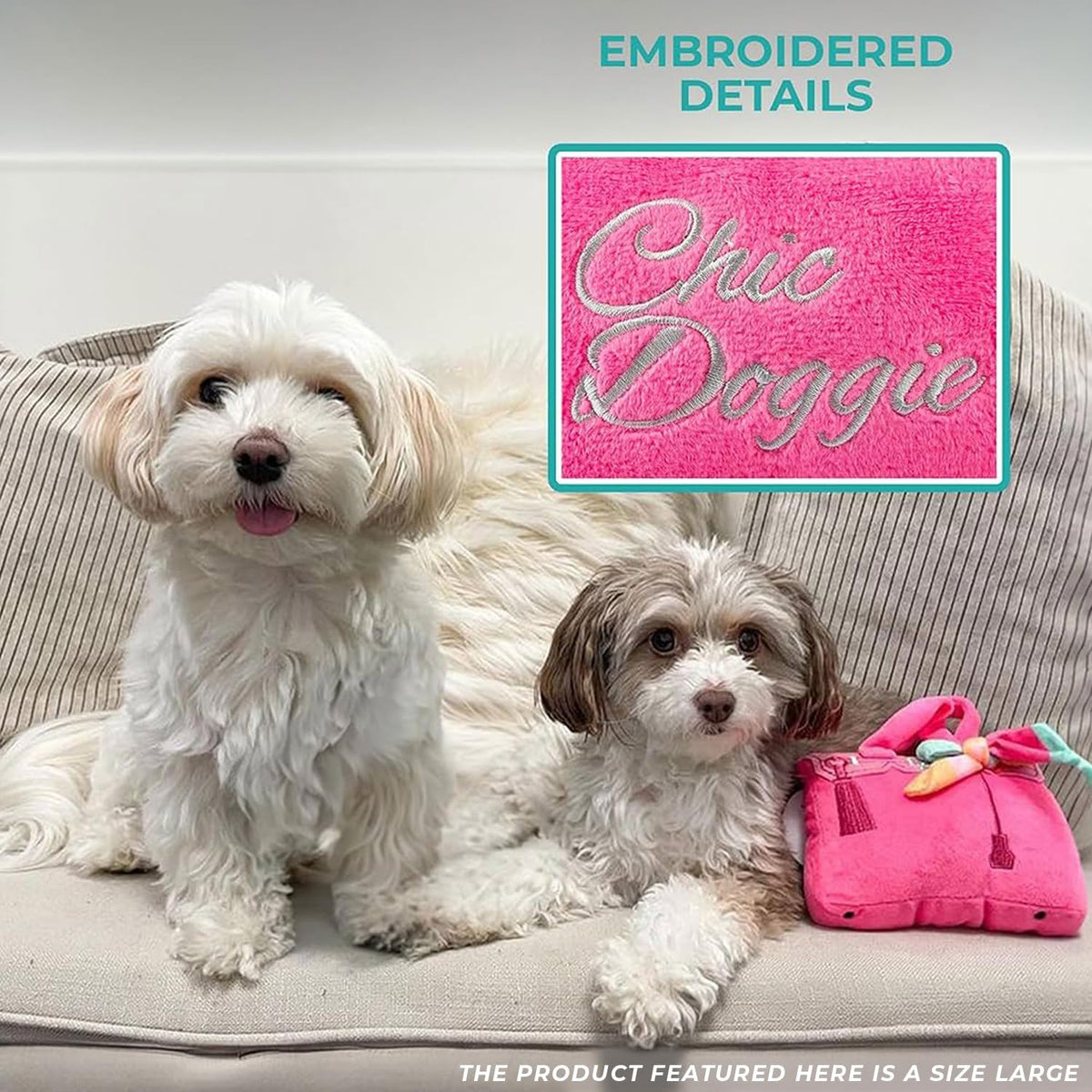 Back view of Chic Doggie embroidered dog toy