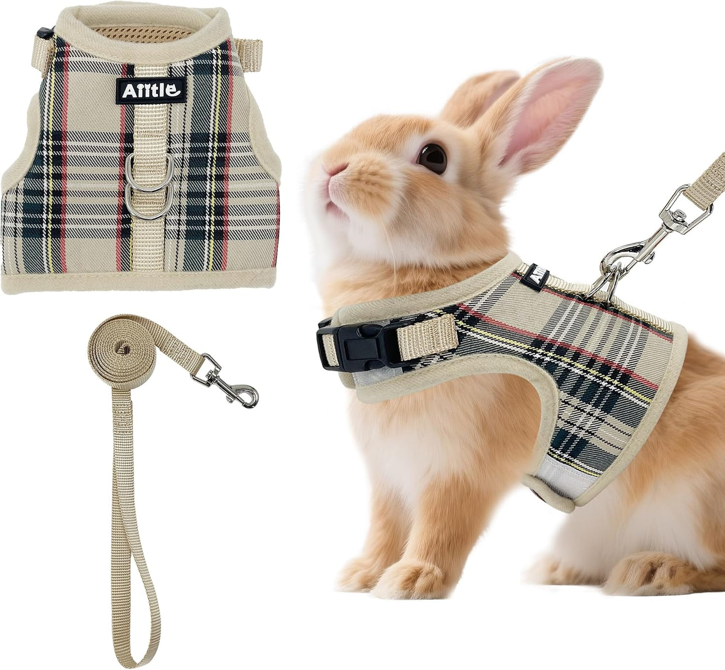 Aiitle breathable rabbit harness and leash set front view showcasing the beige plaid pattern and cute bow detail.