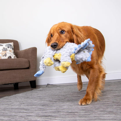 Heavy duty goDog large breed plush play toy on a clean surface backdrop