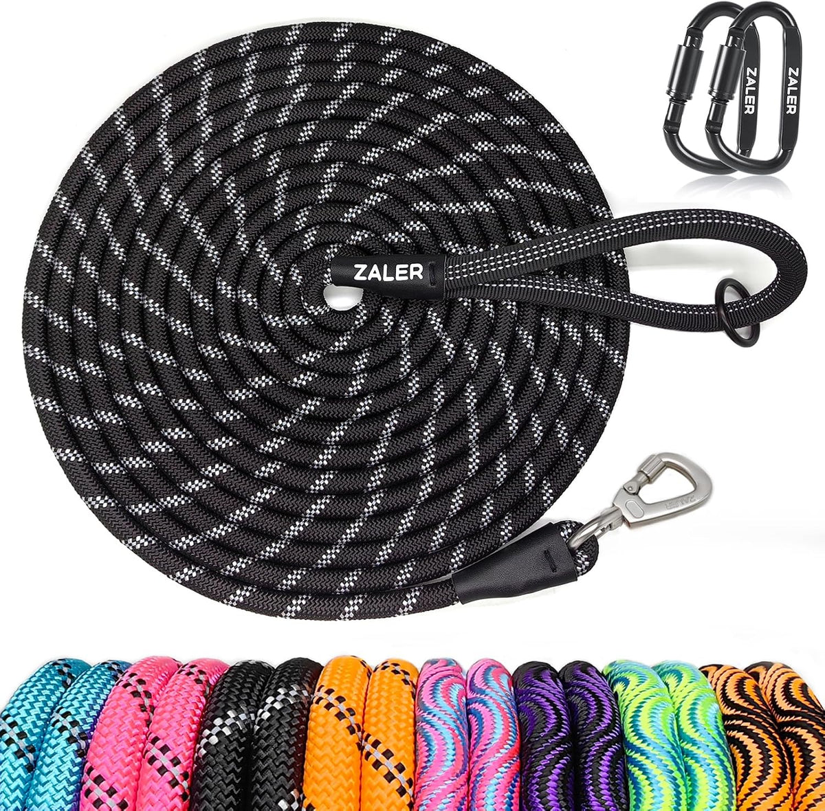 ZALER Long Dog Leash front view showing black climbing rope and carabiner