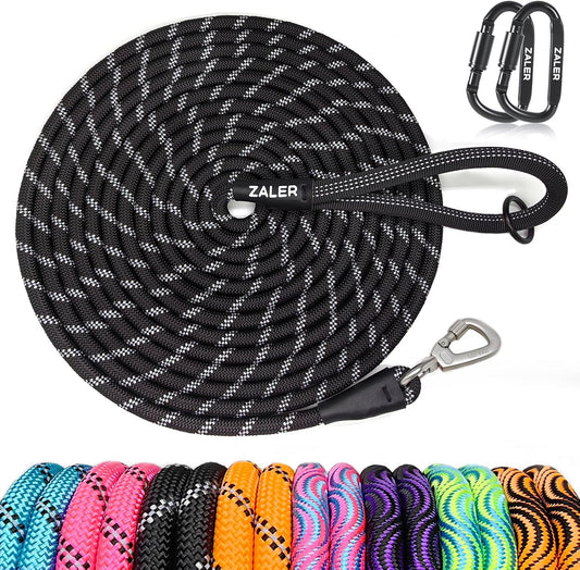 ZALER Long Dog Leash front view showing black climbing rope and carabiner