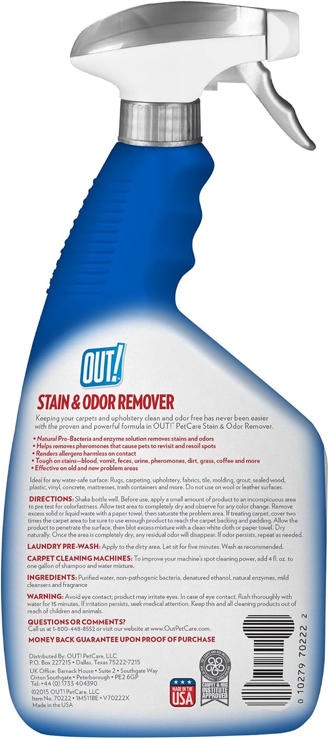 Close up of Out enzymatic pet cleaning solution label
