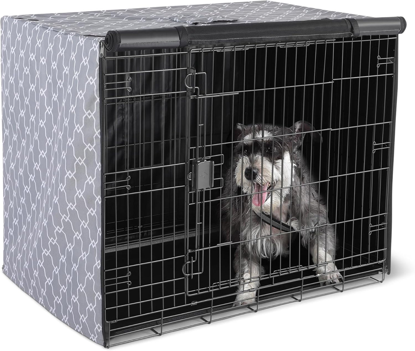 Amazon Basics dog cage cover front view on a wire crate