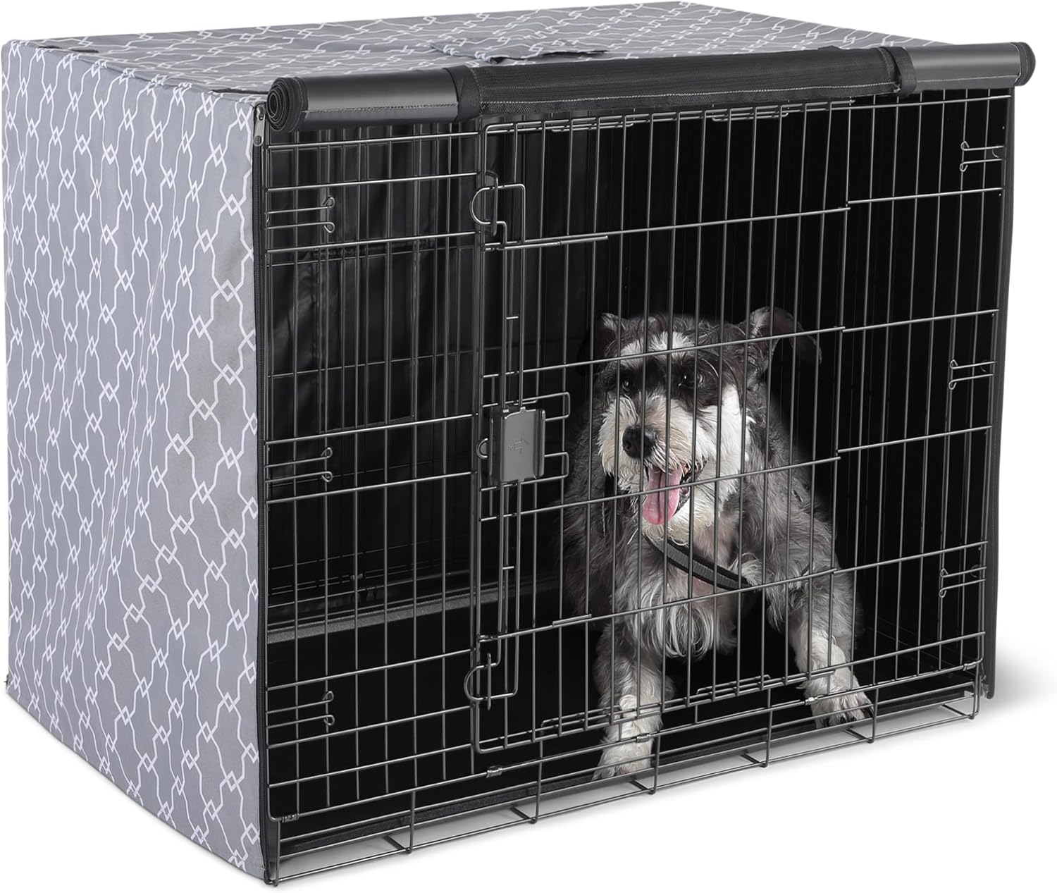 Amazon Basics dog cage cover front view on a wire crate