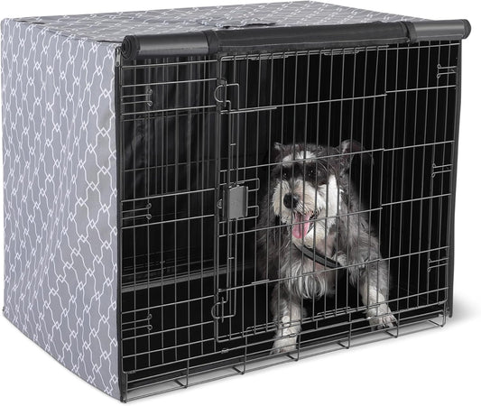 Amazon Basics dog cage cover front view on a wire crate