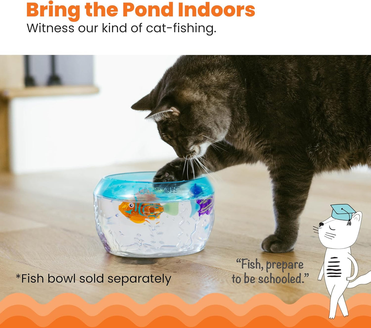 Catstages swimming electronic fish cat toys lighting up inside a clear water bowl.