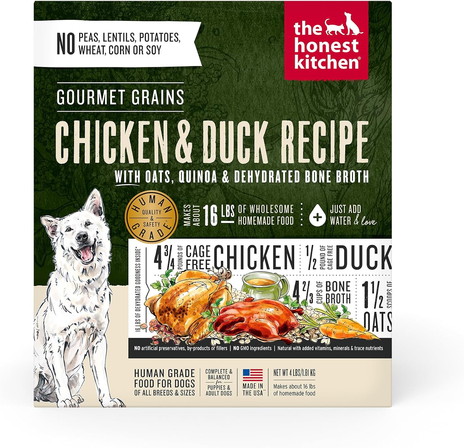 The Honest Kitchen Dehydrated Gourmet Grains Chicken and Duck Dog Food box front view