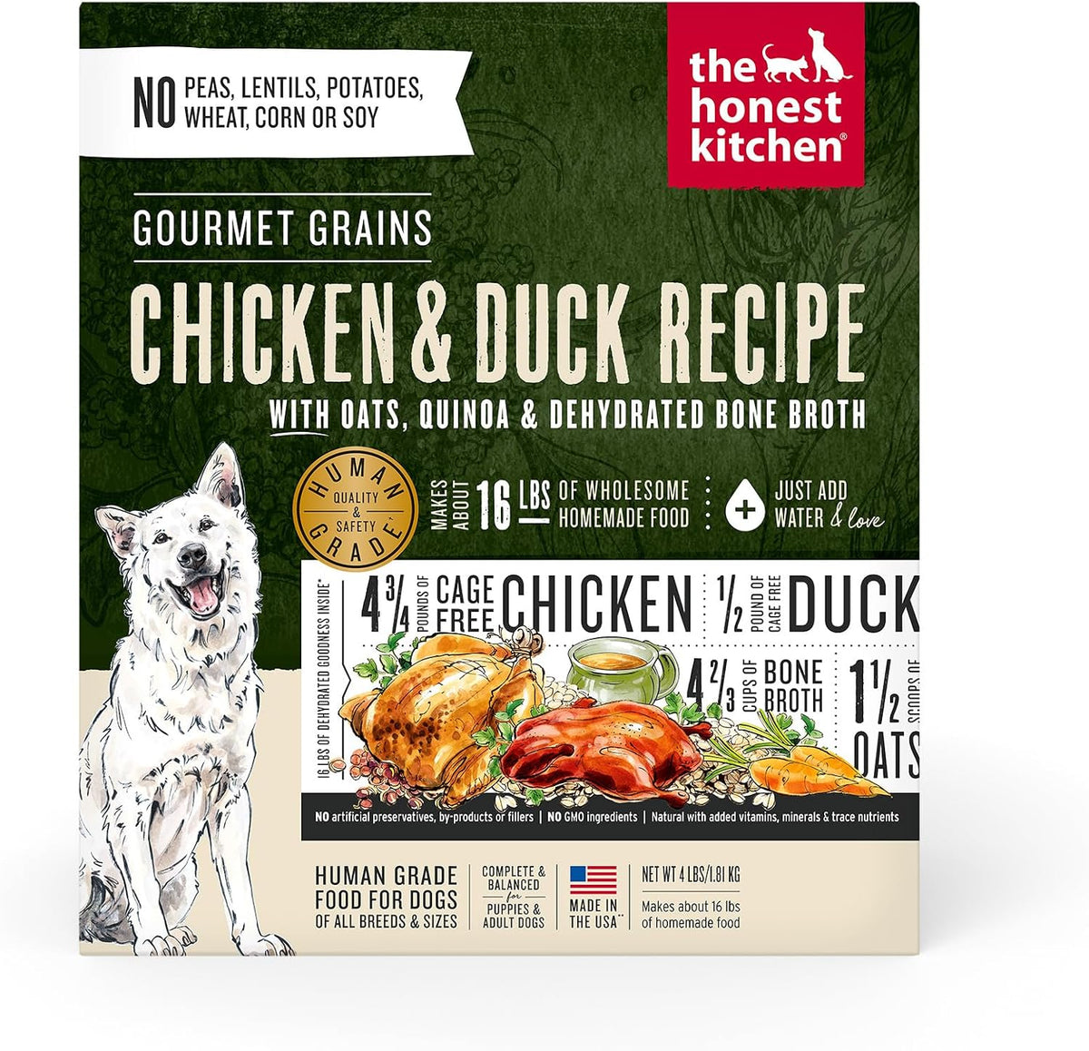 The Honest Kitchen Dehydrated Gourmet Grains Chicken and Duck Dog Food box front view