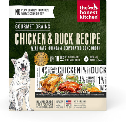 The Honest Kitchen Dehydrated Gourmet Grains Chicken and Duck Dog Food box front view