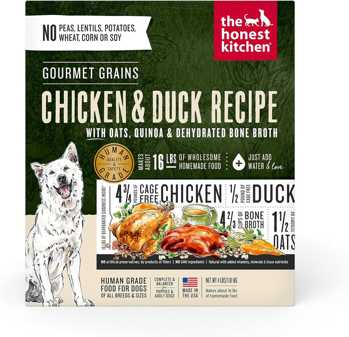 The Honest Kitchen Dehydrated Gourmet Grains Chicken and Duck Dog Food box front view