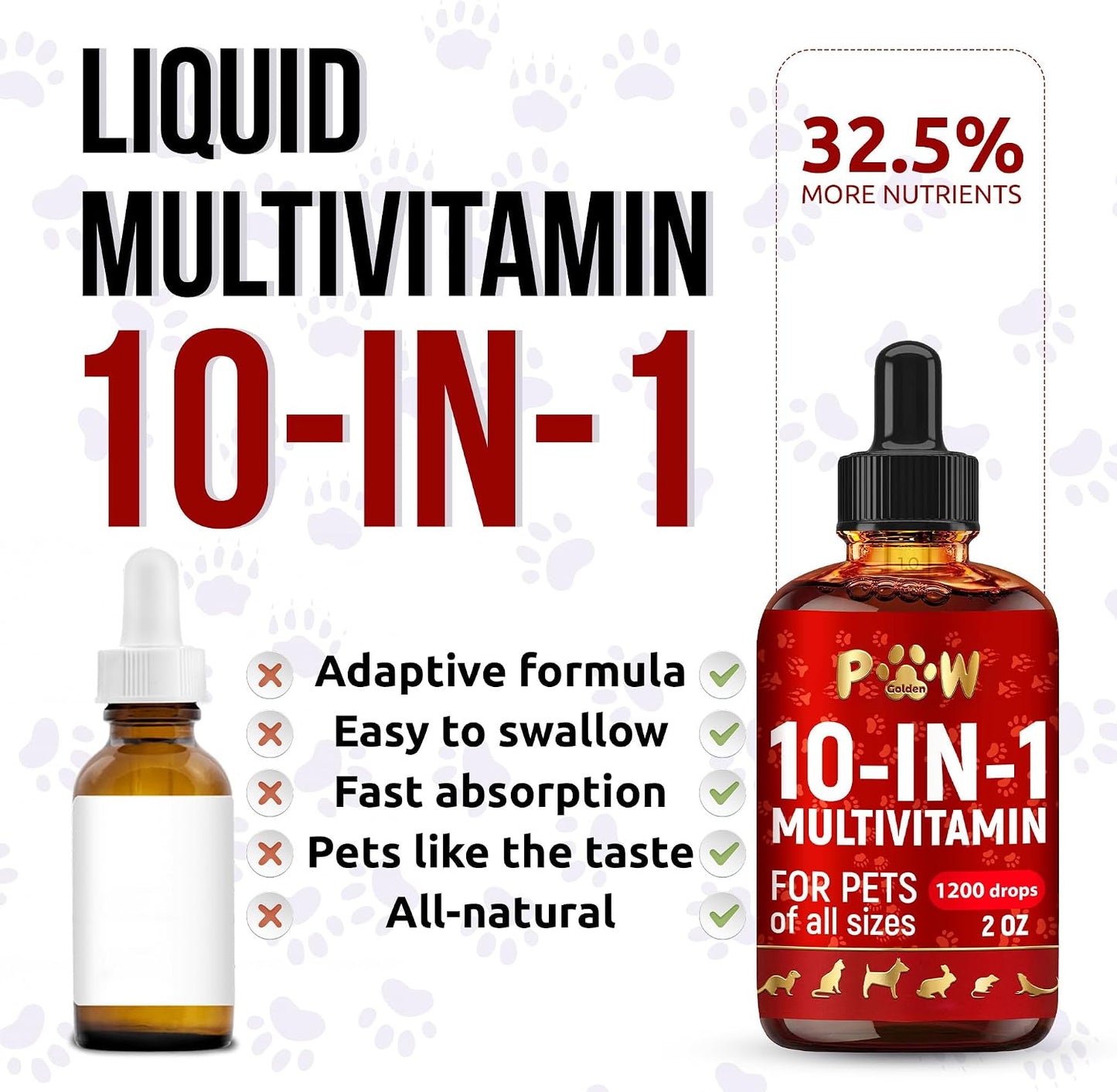 Golden Paw liquid multivitamin bottle beside pet food bowl