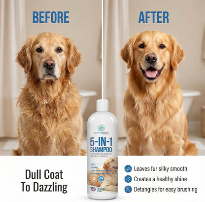 Back of Pet Care Sciences 5-in-1 dog shampoo bottle showing ingredients