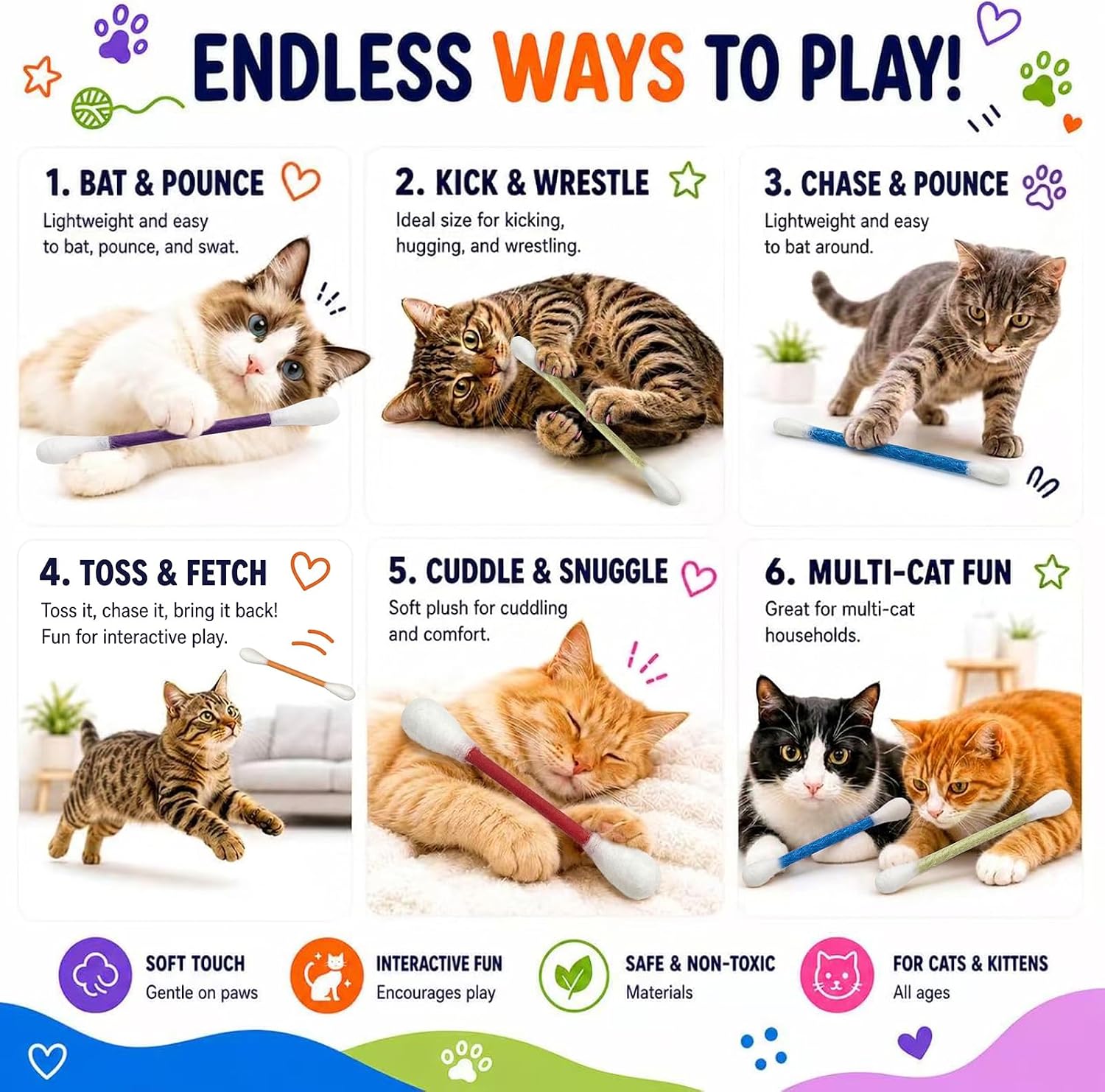 Set of 6 cat interactive toys with organic catnip