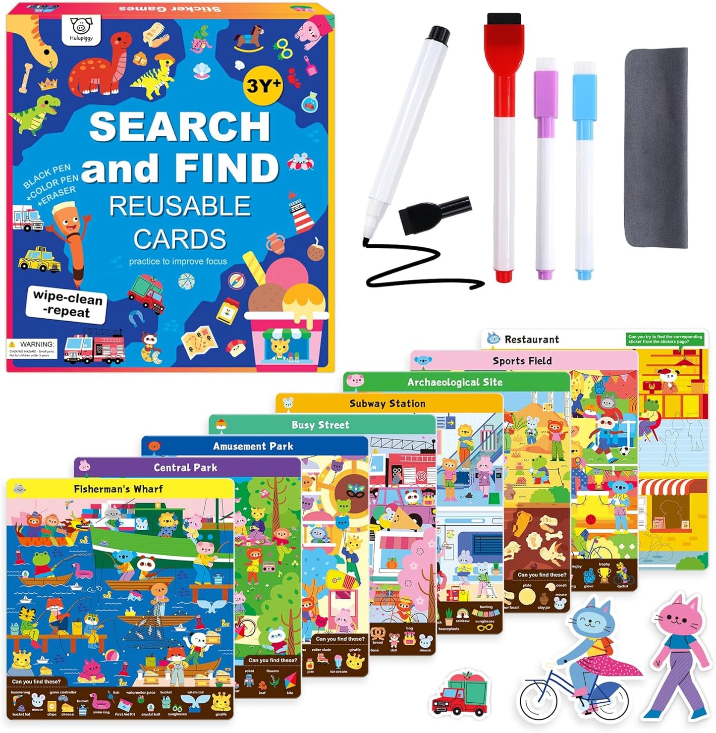 Hulupiggy Search and Find Educational Game front view of box with reusable activity mats.