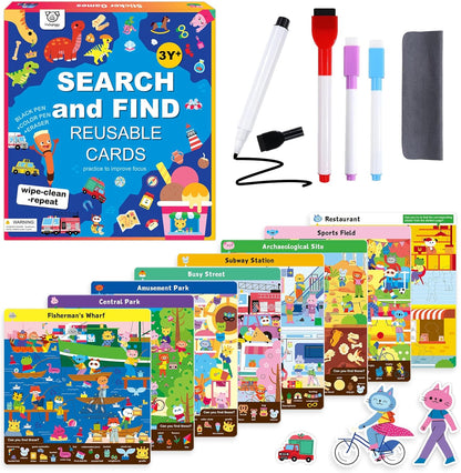Hulupiggy Search and Find Educational Game front view of box with reusable activity mats.