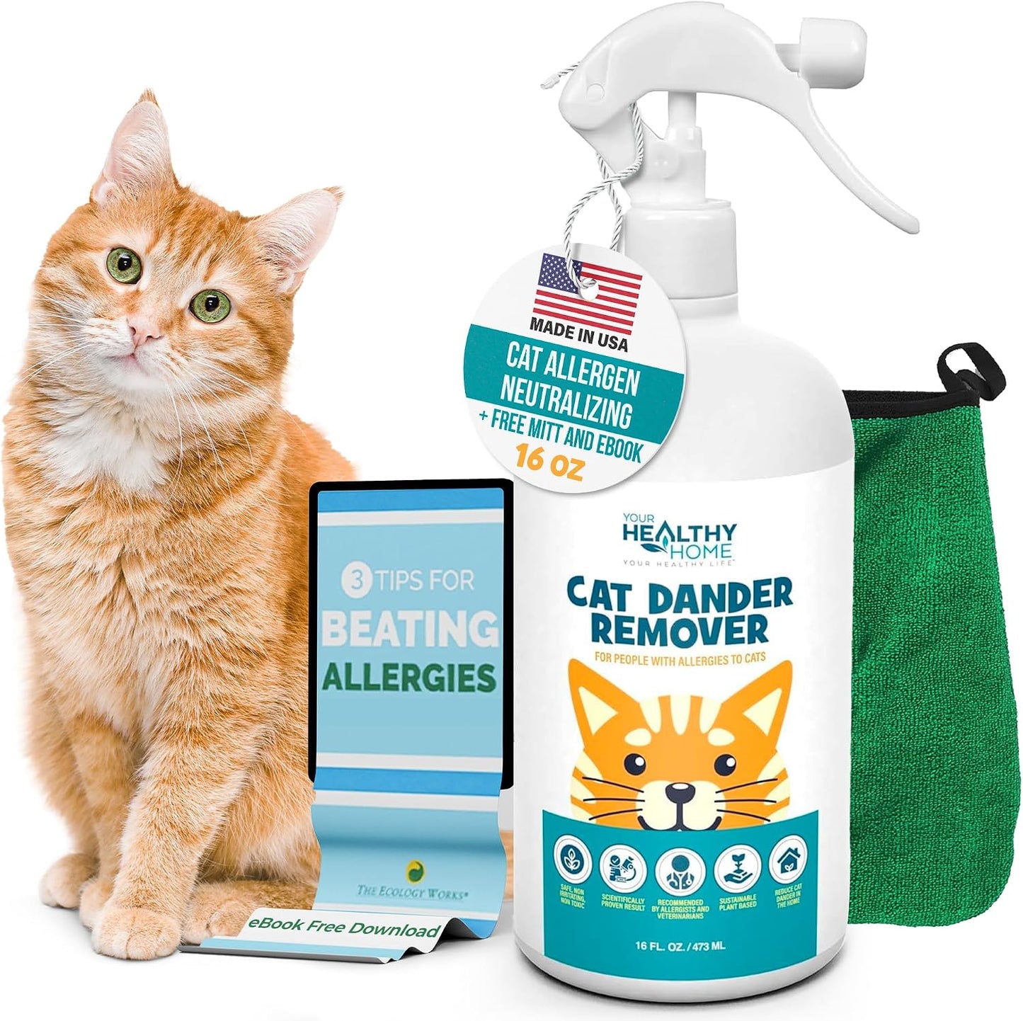 YourHealthyHome cat dander remover spray front view for pet allergy relief