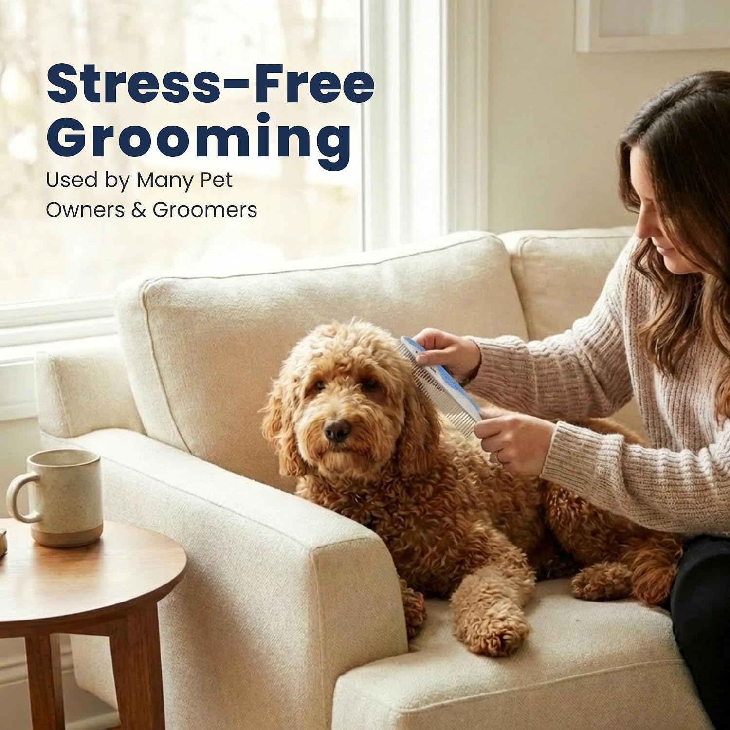 Premium metal dog comb removing stubborn matting from a long haired curly coat