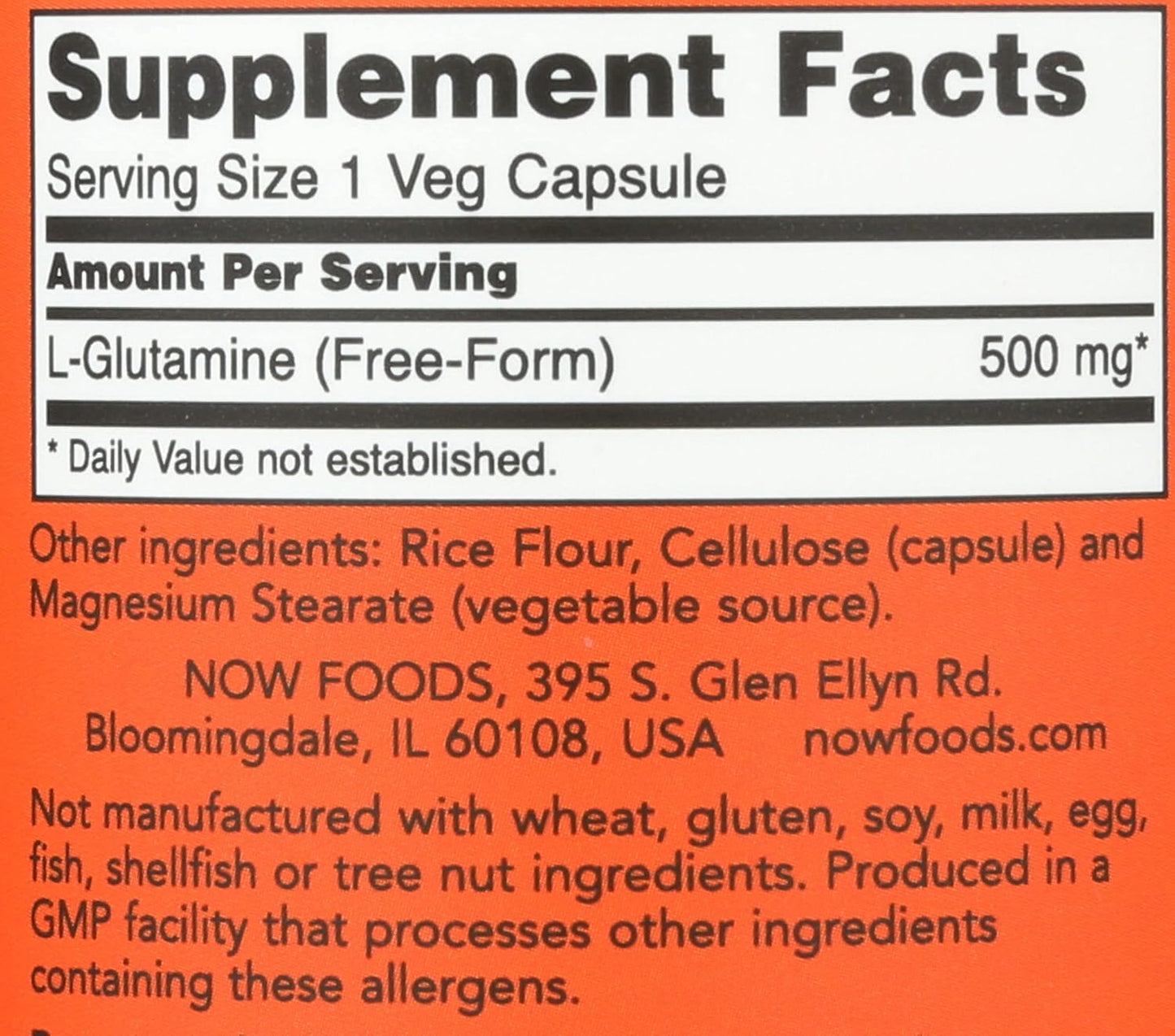Top perspective of the white bottle cap and security seal on the NOW Foods L-Glutamine immune support dietary supplement.