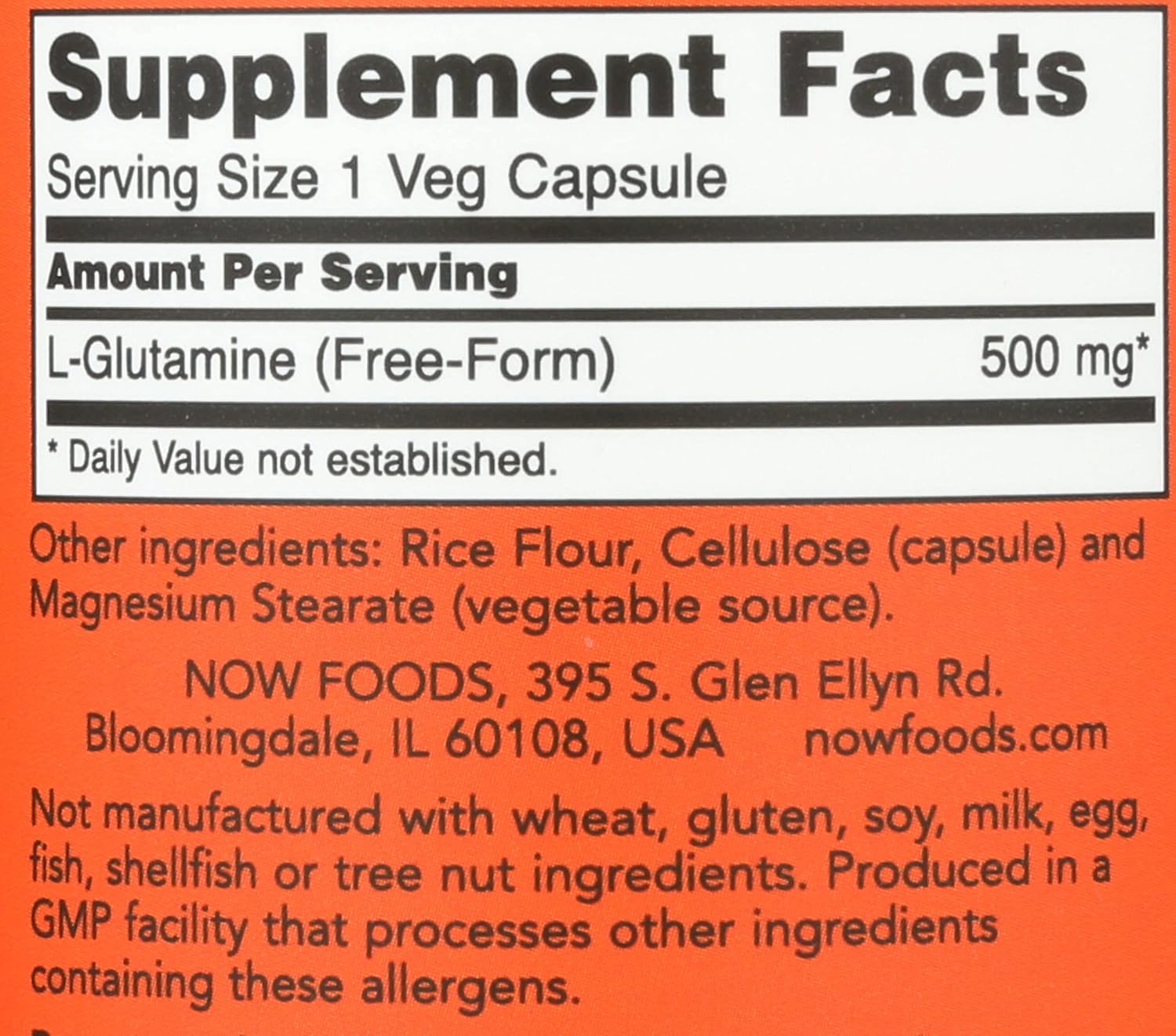 Top perspective of the white bottle cap and security seal on the NOW Foods L-Glutamine immune support dietary supplement.