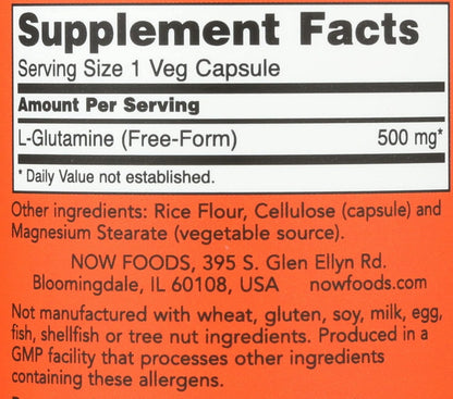 Top perspective of the white bottle cap and security seal on the NOW Foods L-Glutamine immune support dietary supplement.