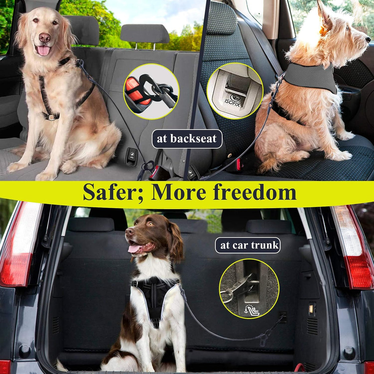 Dog securely fastened with Vivaglory heavy duty seat belt in car