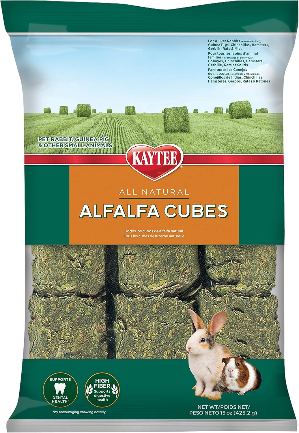 Kaytee Alfalfa Cubes 15 Ounce pack front view showcasing sun cured compressed hay blocks for small pets