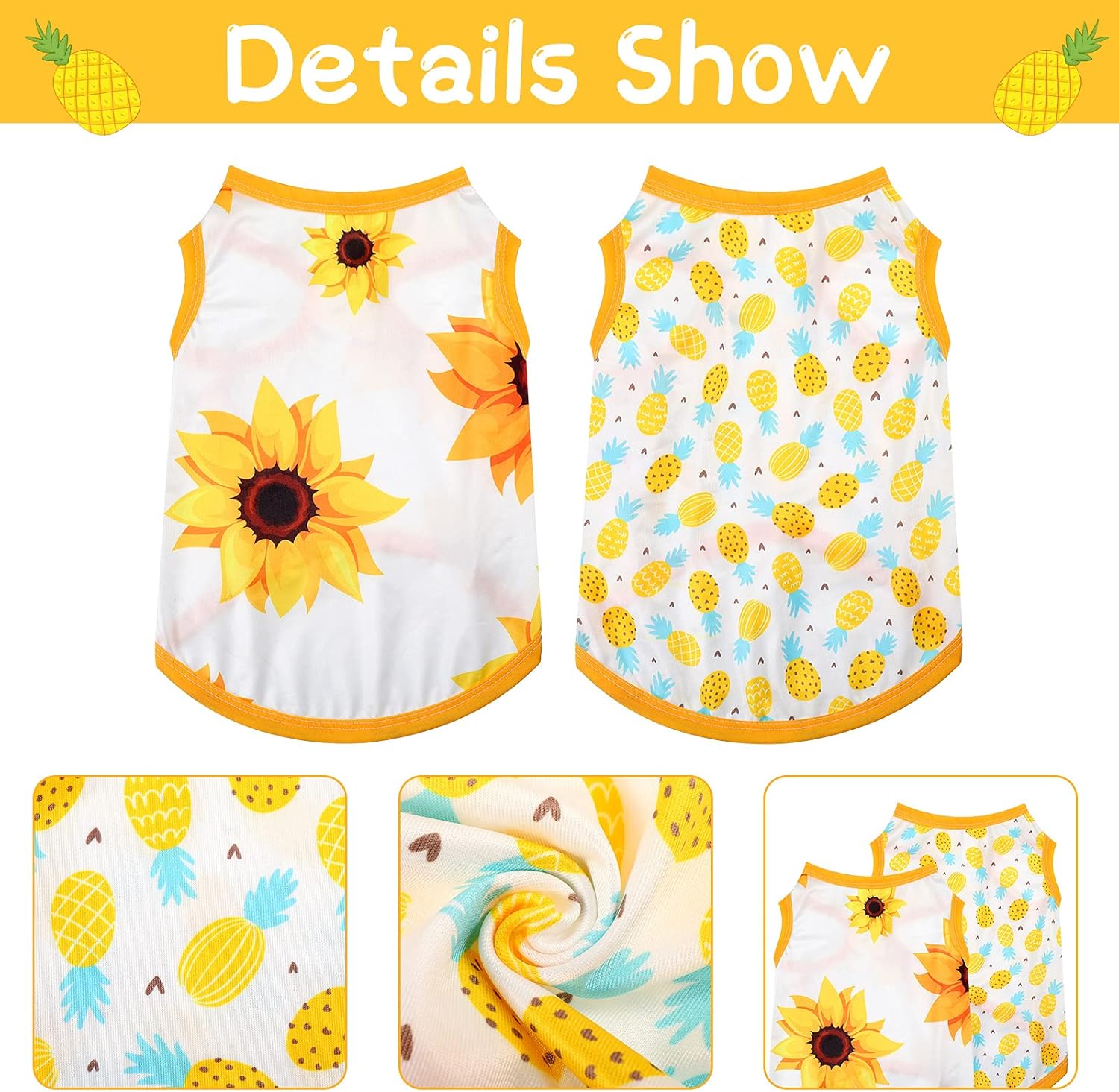Frienda pineapple pattern dog dress side view highlighting the soft stretchable milk silk material.