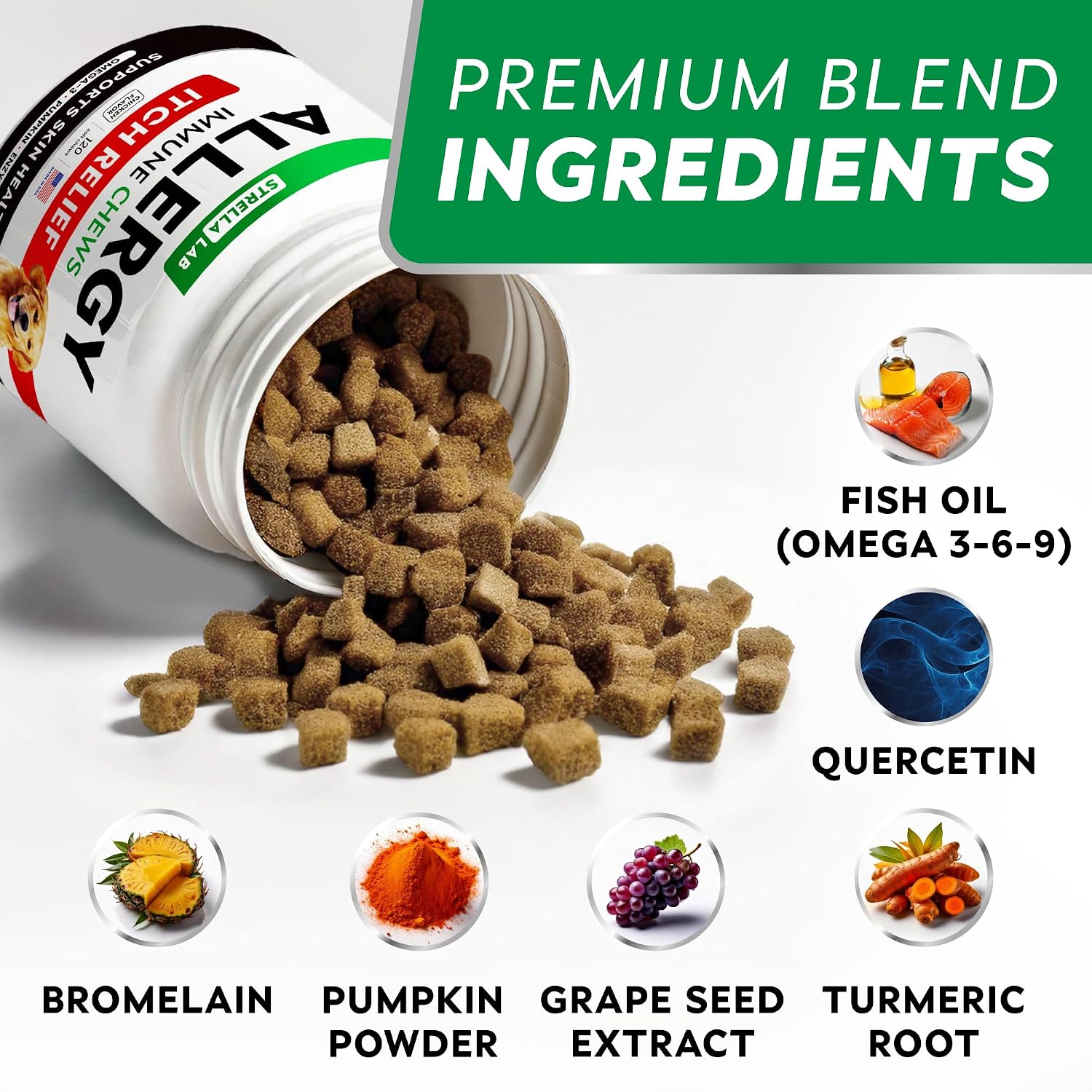 USA-imported StrellaLab dog allergy relief treats with Omega 3 fish oil