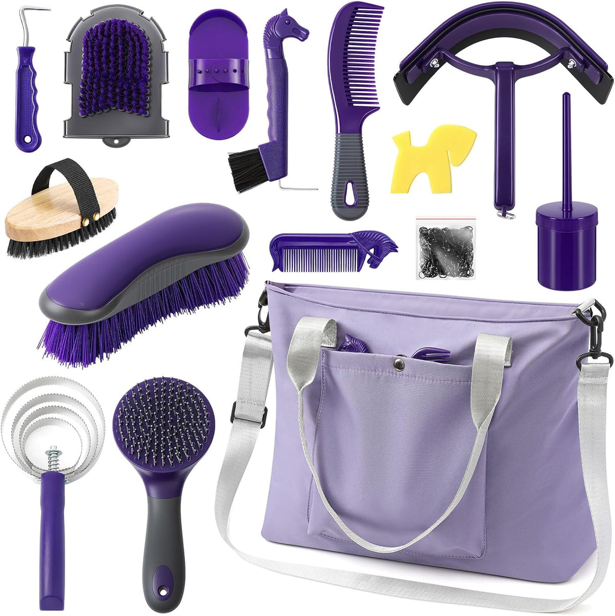 Tack room view of the Abbylike horse grooming kit showing secure handle straps and spacious compartments.
