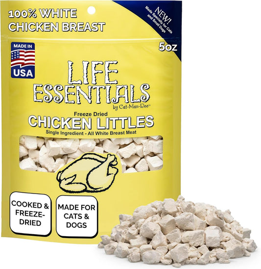 Life Essentials by Cat-Man-Doo Chicken Littles five ounce bag front view premium freeze dried pet treats.