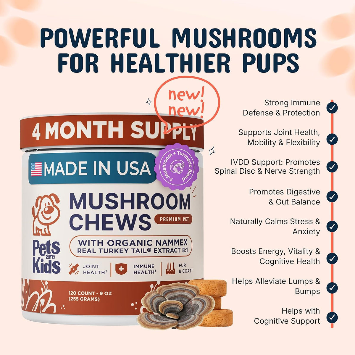 Authentic USA imported dog mushroom supplement bottle showing immune and joint support benefits.