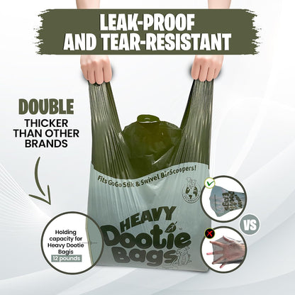 Extra large leakproof pet waste bags with easy tie handles shown outside the dispenser box.