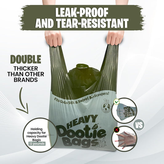 Extra large leakproof pet waste bags with easy tie handles shown outside the dispenser box.