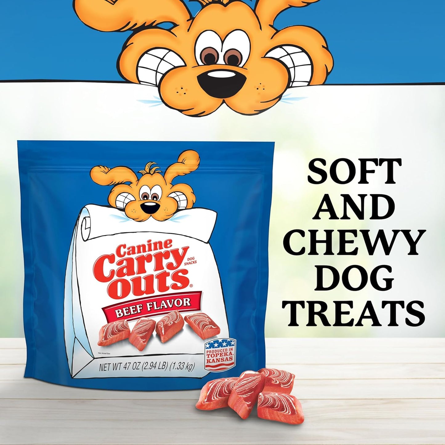 Canine Carry Outs beef flavor pet snacks bag close up view