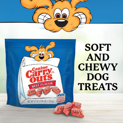 Canine Carry Outs beef flavor pet snacks bag close up view