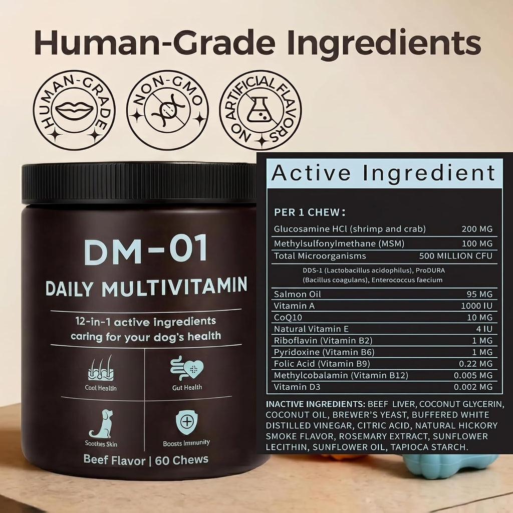 Back label of DM01 multivitamin for dogs displaying the feeding guide and dosage instructions