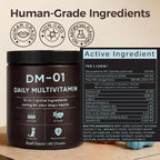 Back label of DM01 multivitamin for dogs displaying the feeding guide and dosage instructions