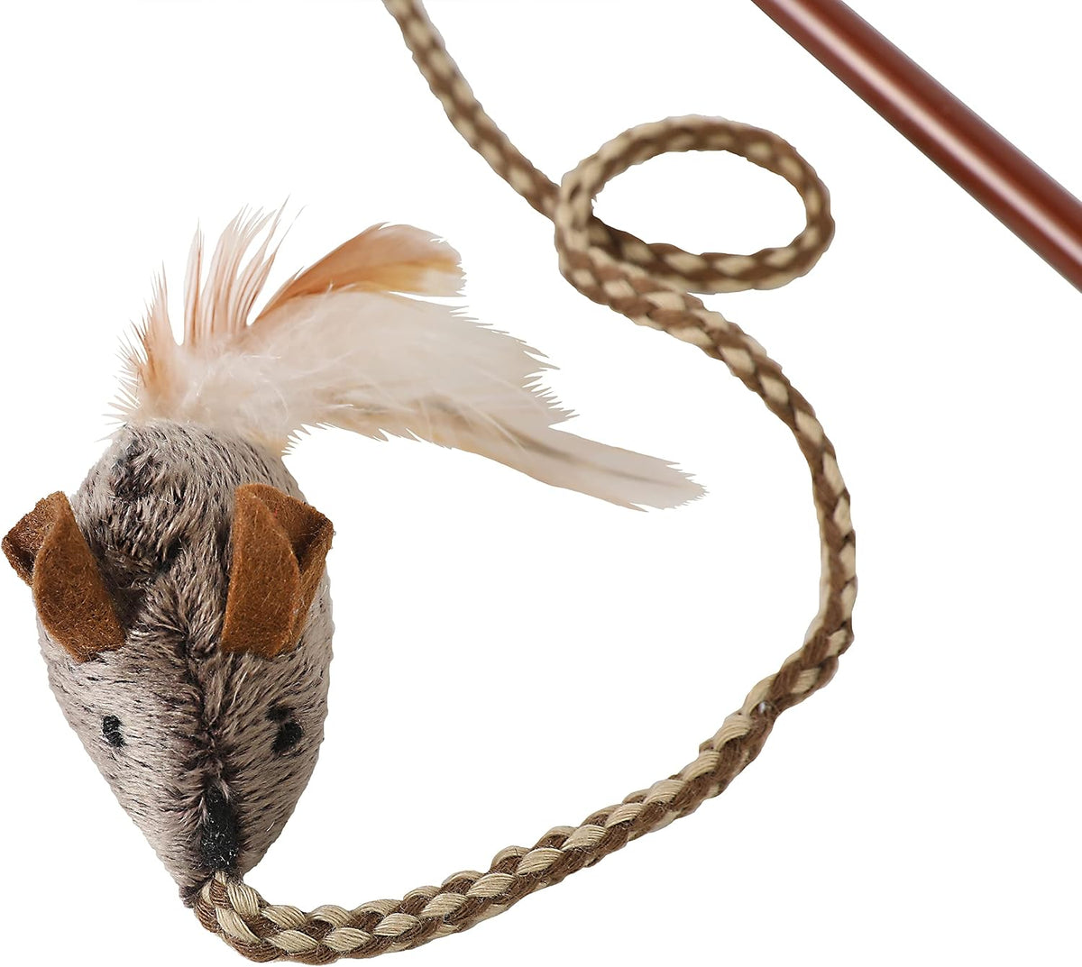 Our Pets cat wand toy showing electronic squeak mouse and feather attachment