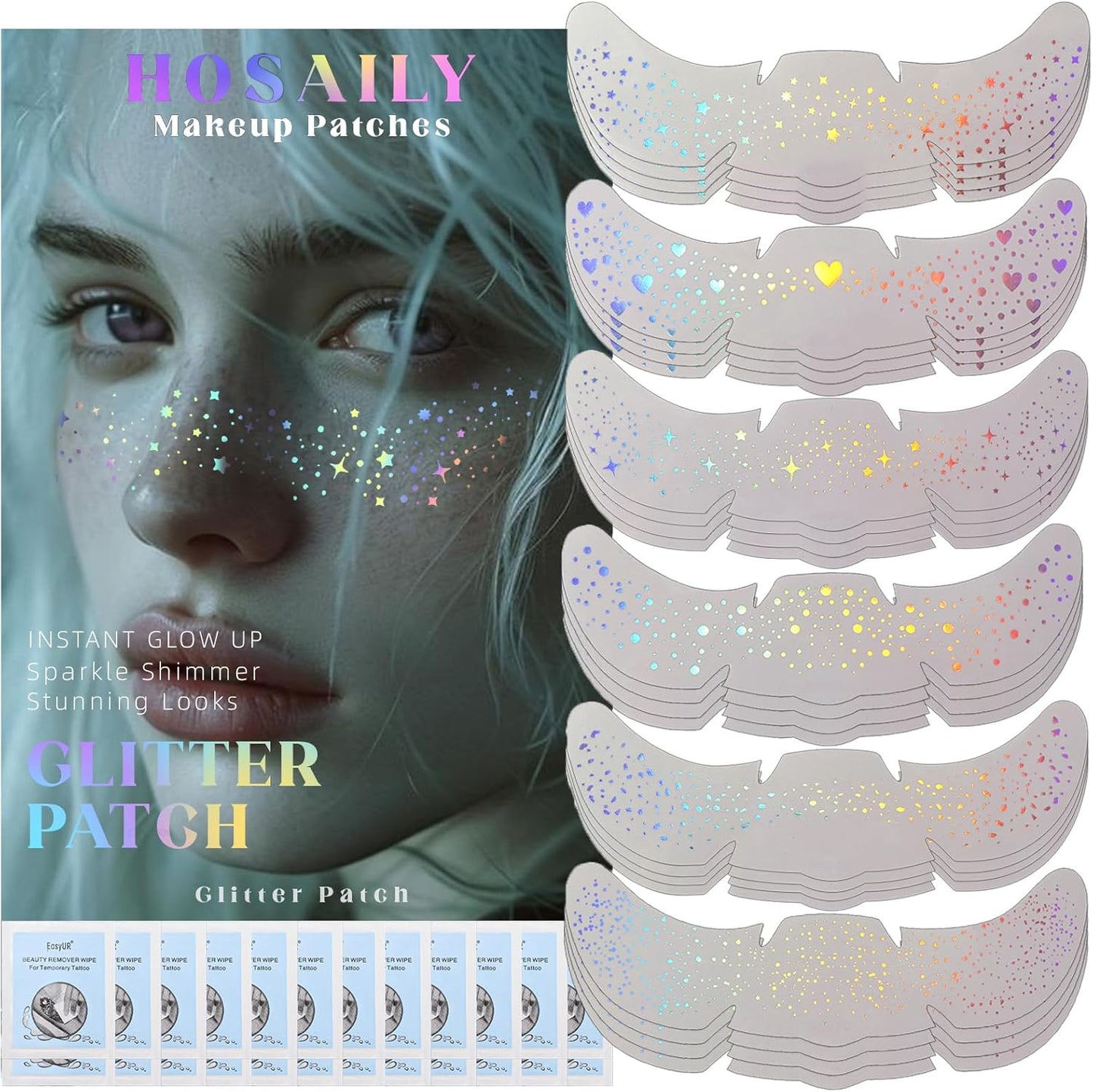 HOSAILY Holographic Multichrome Glitter Freckles Face Tattoo packaging front view showing star temporary patch designs