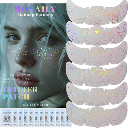 HOSAILY Holographic Multichrome Glitter Freckles Face Tattoo packaging front view showing star temporary patch designs