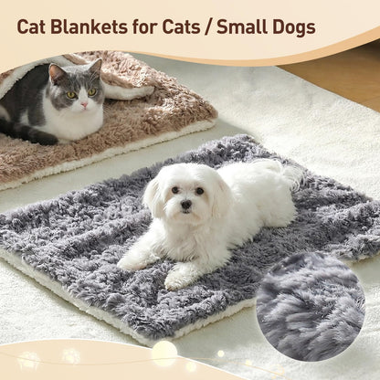 Grey premium faux fur kitten bedding placed on a living room couch.