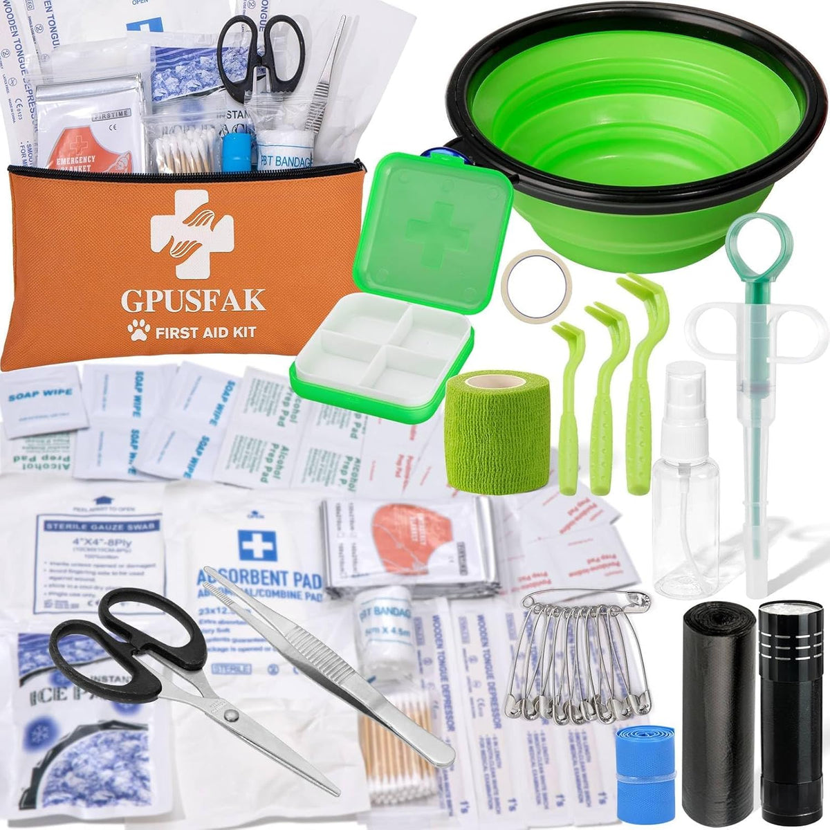 GPUSFAK Pet First Aid Kit front view showing compact orange emergency bag for dogs and cats.