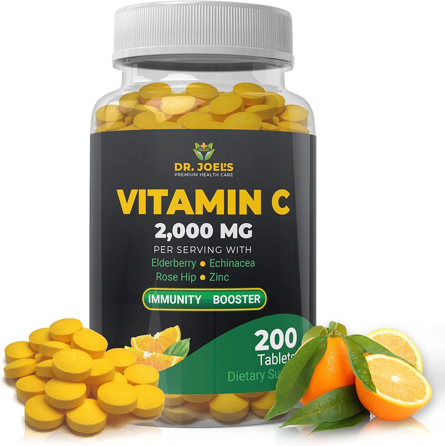 Dr. JOEL'S Vitamin C 2000mg Immune Support front view of the premium supplement bottle.