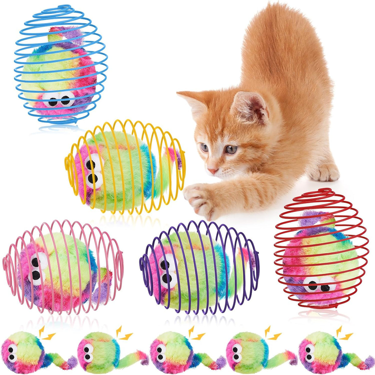 Jecery 25 Pcs Cat Spring Balls Toys Stretchable Rolling Balls Colorful Playful Coils Interactive Action Toy Caged Rats for Kitten Pet Supplies (Mouse and Bell,Colorful) - Image 14