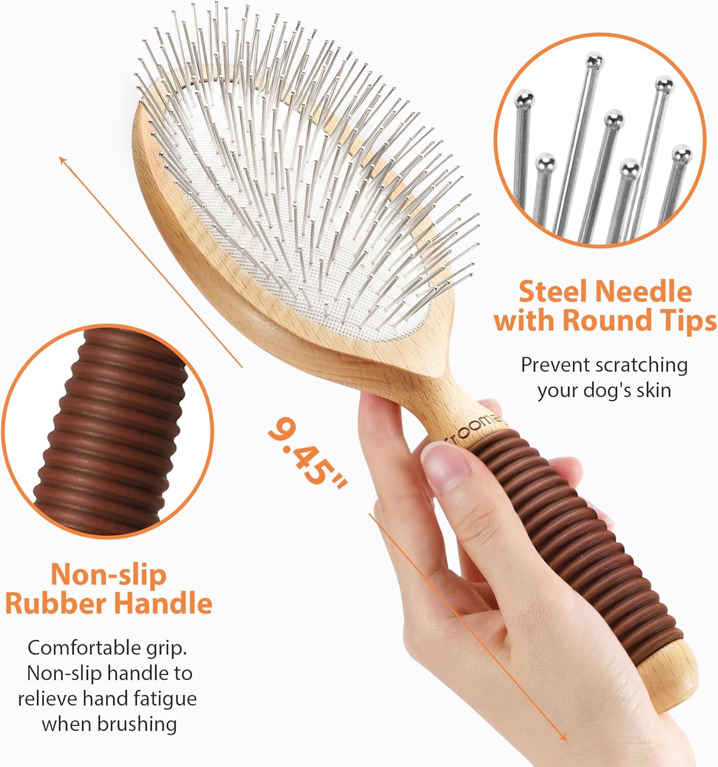 Ergonomic non slip rubber handle of the Groomage long hair deshedding brush for comfortable holding.
