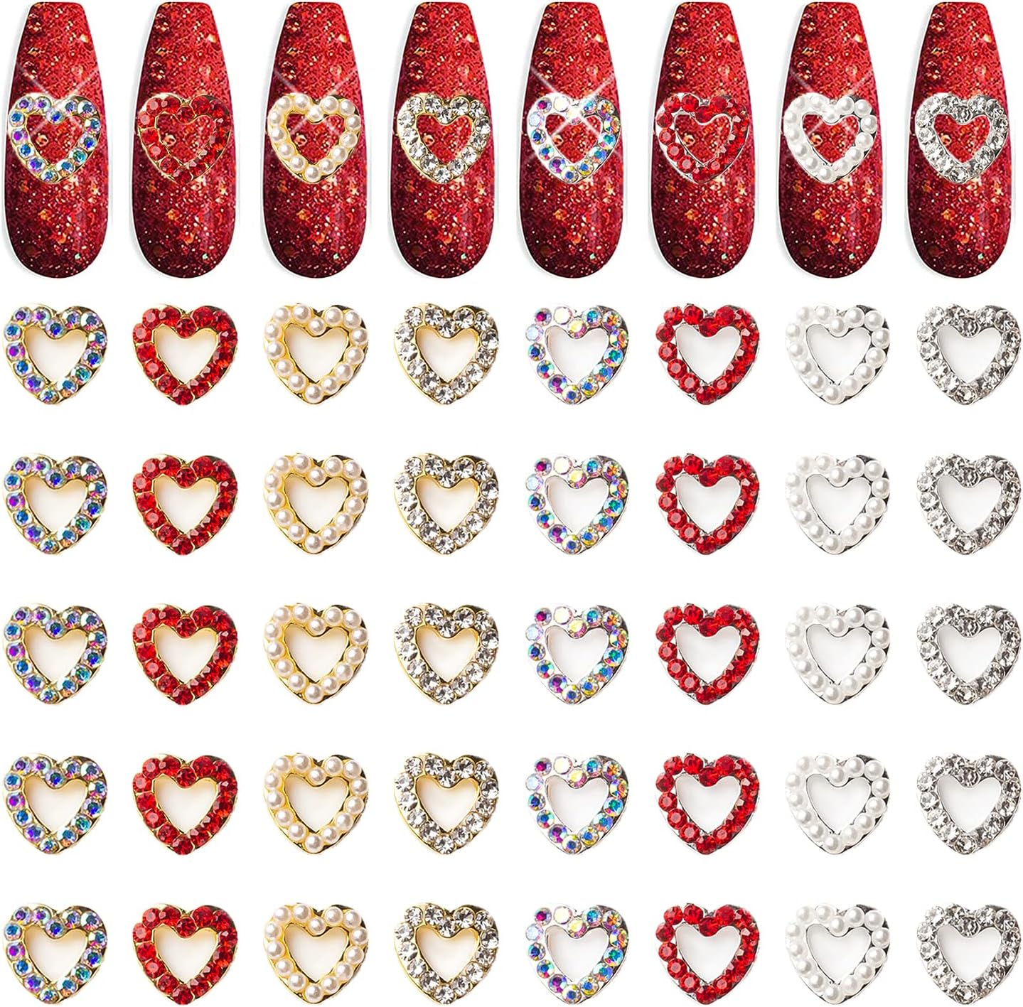 XEAOHESY heart nail charms assortment displaying gold and silver 3D rhinestone designs