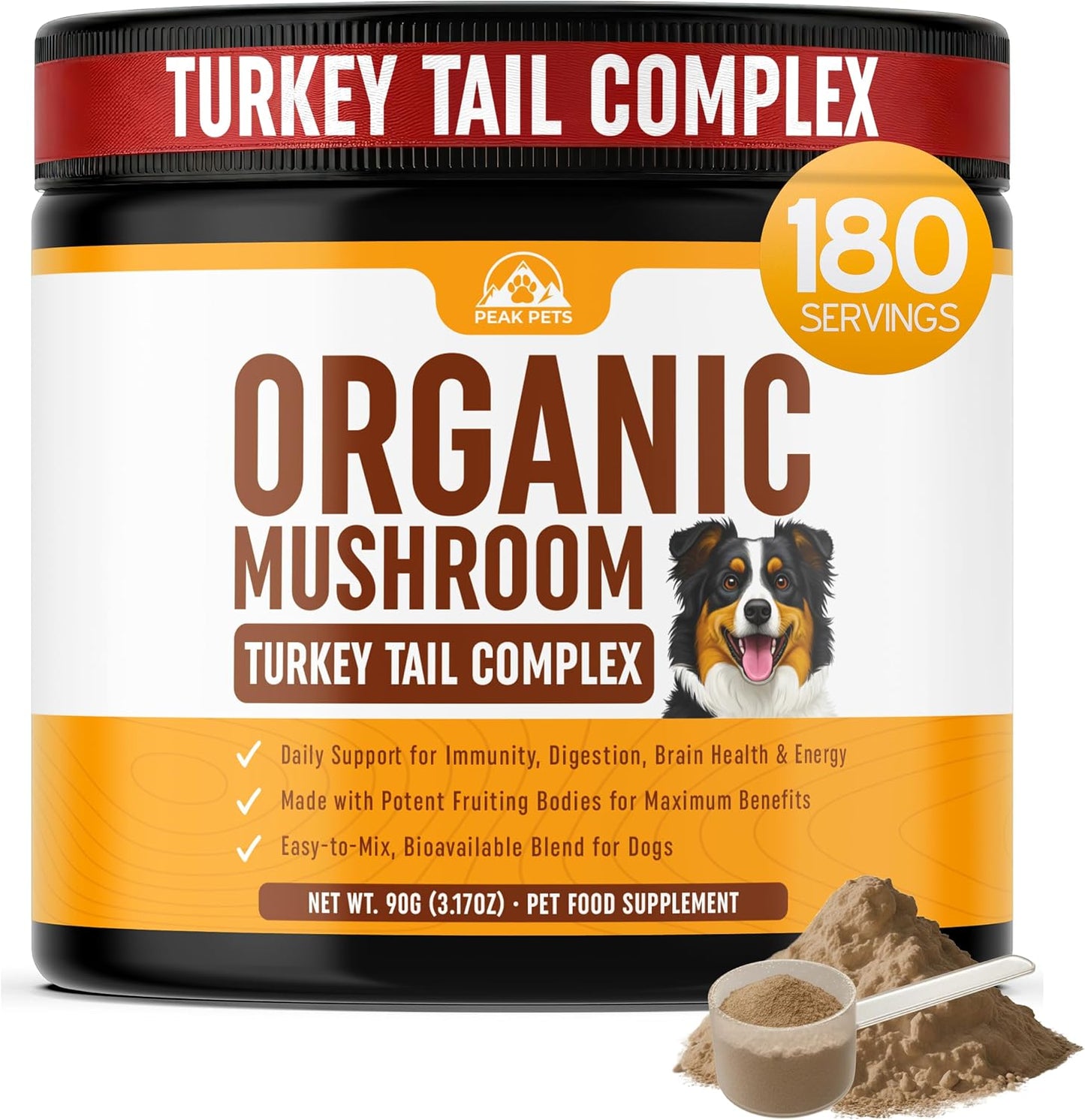 Peak Pets Turkey Tail Mushroom for Dogs front view premium canine immunity supplement powder jar.